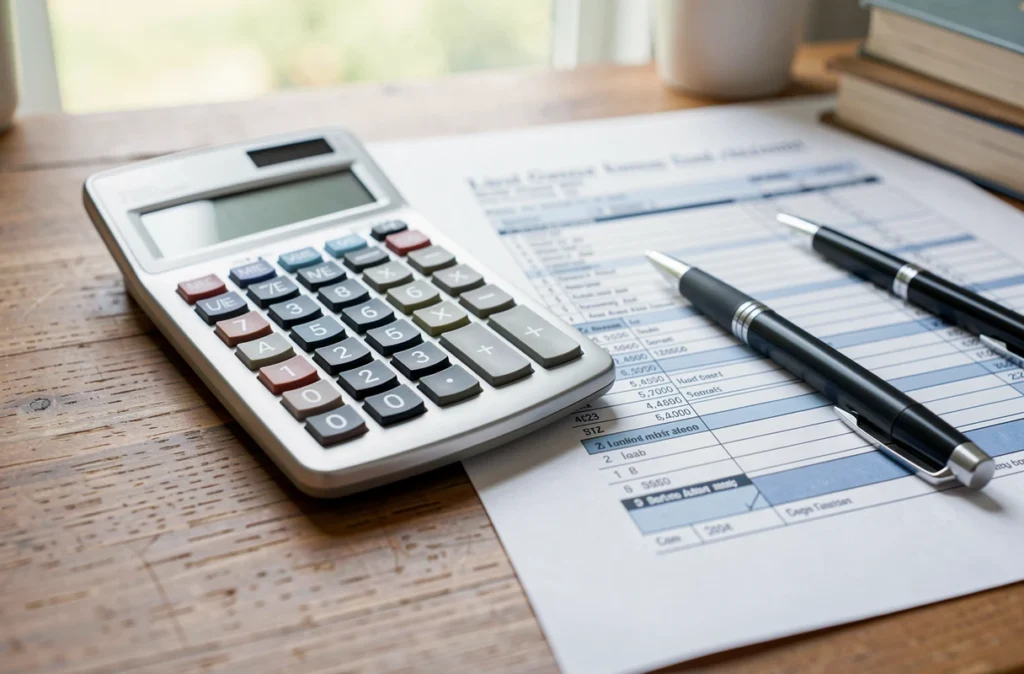 Calculatrice et feuille d'impôt posées sur un bureau