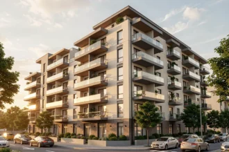 Immeuble résidentiel neuf avec balcons en fin de journée