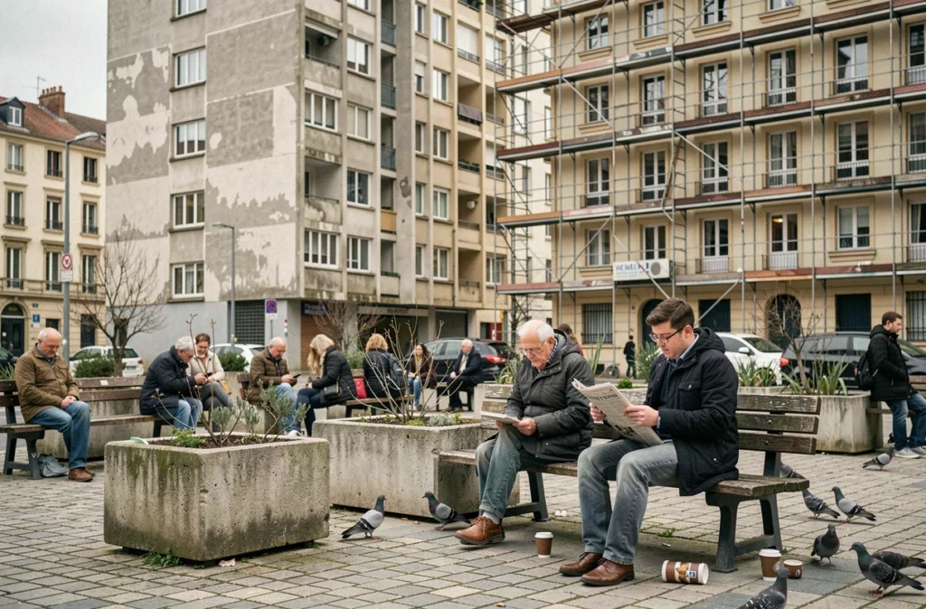 Place publique dans un quartier de Besançon avec habitants et immeubles résidentiels, scène de vie urbaine quotidienne