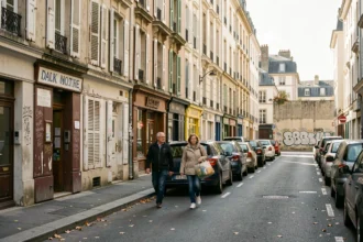 Rue d'un quartier populaire de Besançon avec immeubles anciens et commerces de proximité, atmosphère urbaine authentique